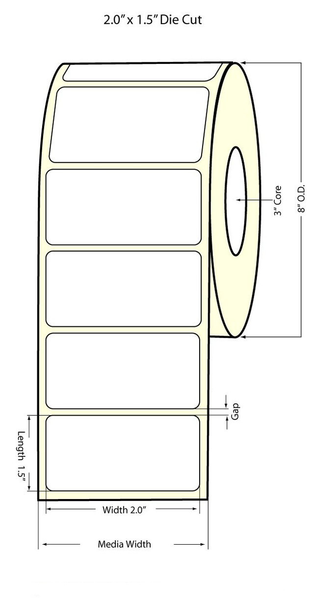 TM-C7500G 2" x 1.5" NP Glossy BOPP Labels 3500/Roll 8" OD (Removable)